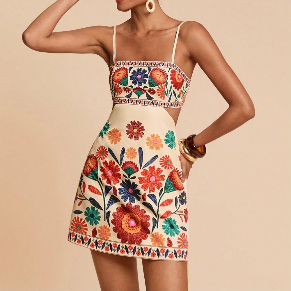 Multicolor Boho Women's Woven Print Sun Dress - Picture 4 of 7
